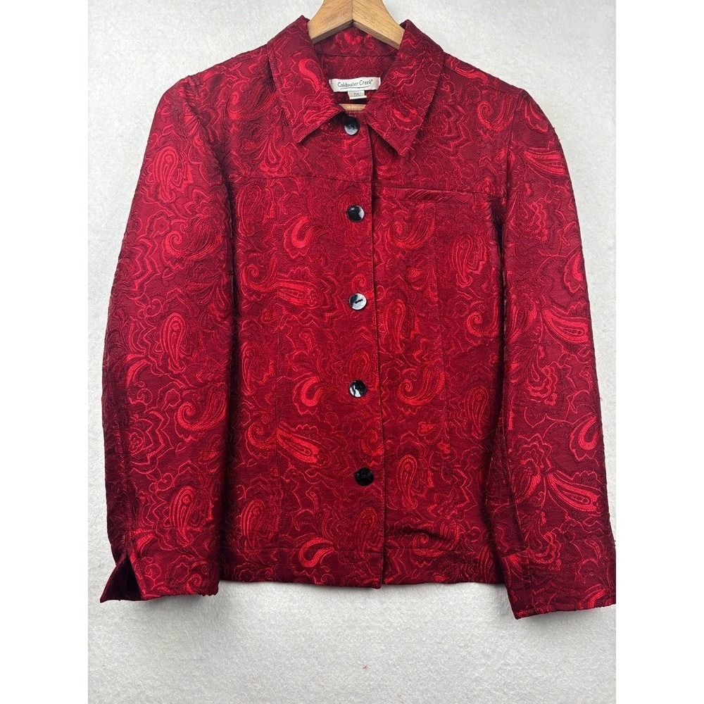 Coldwater Creek Jacket Womens PM Red Paisley Jacquard Button Front